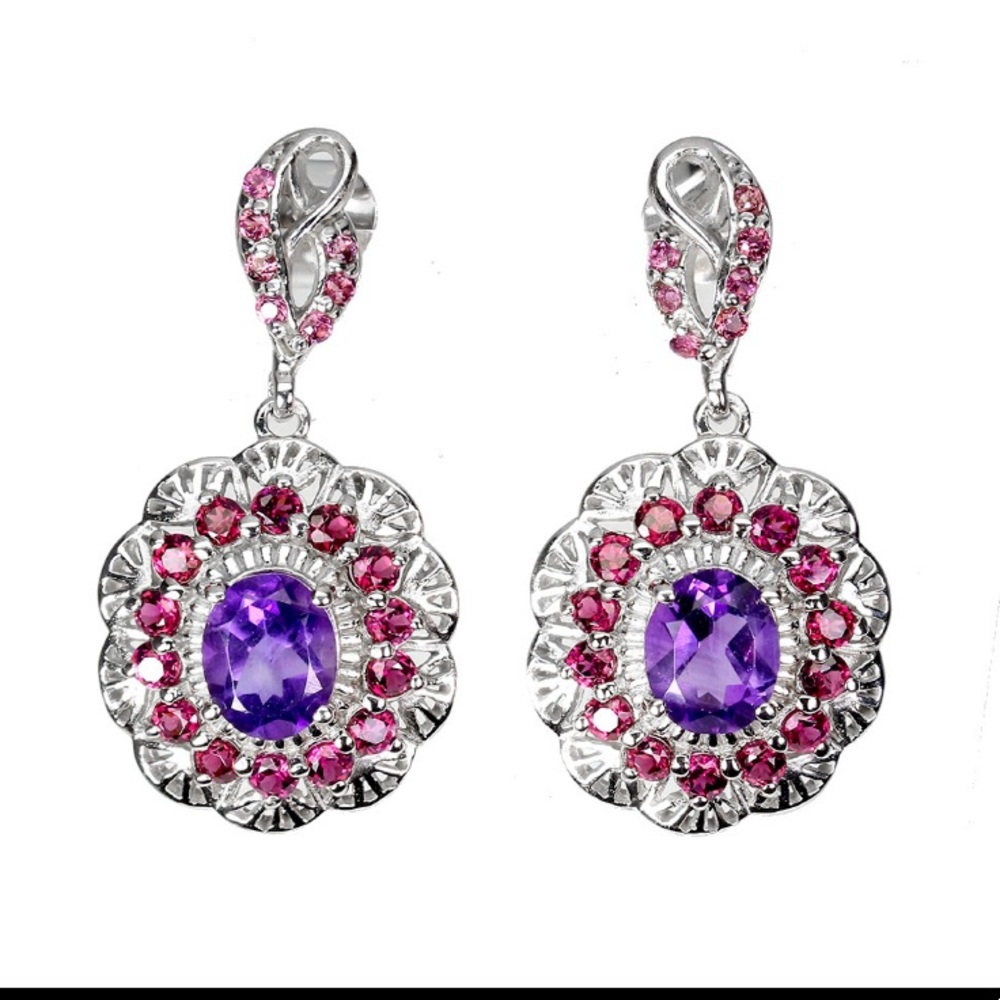 Amethyst 8x6 mm Rhodolite 925 Sterling Silver 14 white Gold Earrings